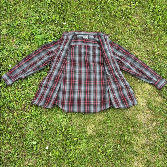 Straight Faded Mens L Black Red Gray Plaid L/S Button-Up Shirt Cowboy Biker - Picture 3 of 6